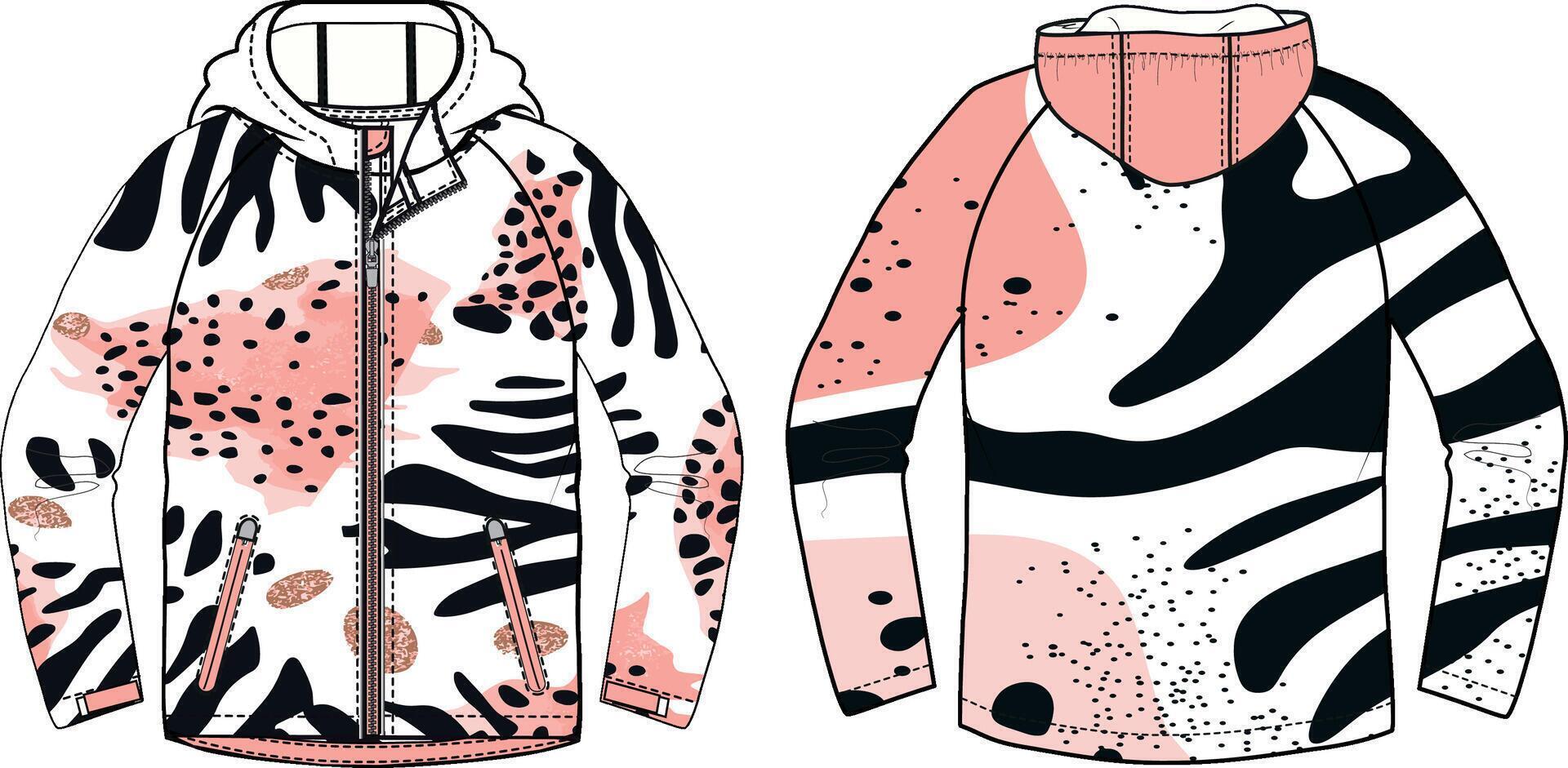 Fashion sketch of an oversized hoodie with zebra print and pink accents, front view and back view, white background, vector