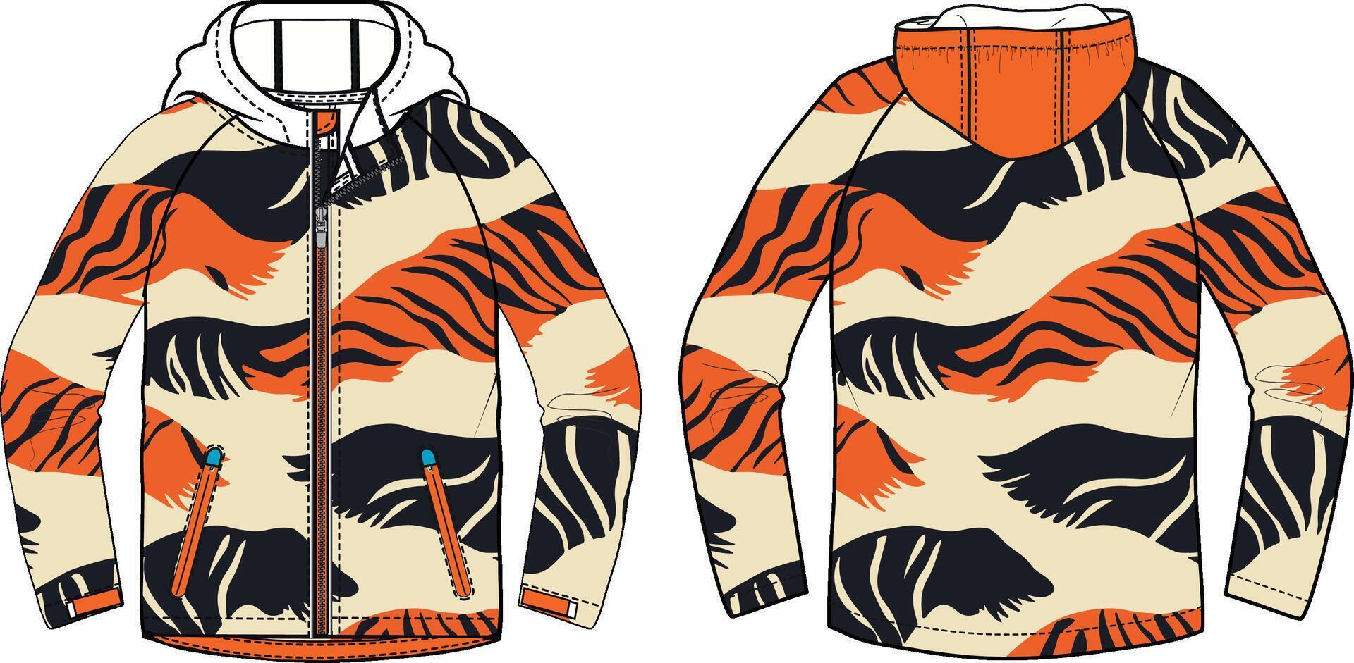 design of tiger stripe pattern in orange and black, for a sports jacket with a hood, vector