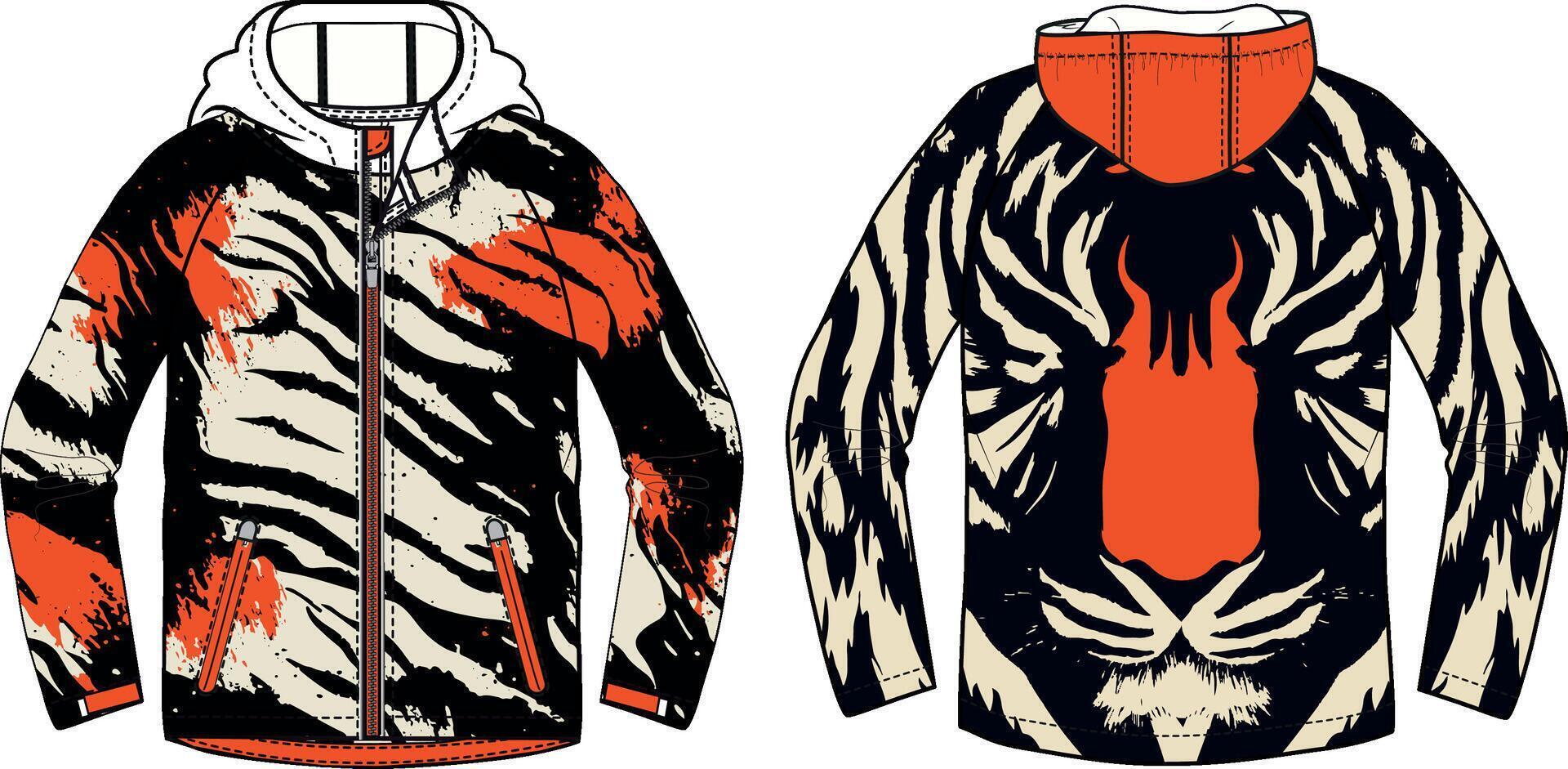 design of tiger stripes and spots pattern on a hoodie, front view with the hood up and back view with no hood, vector