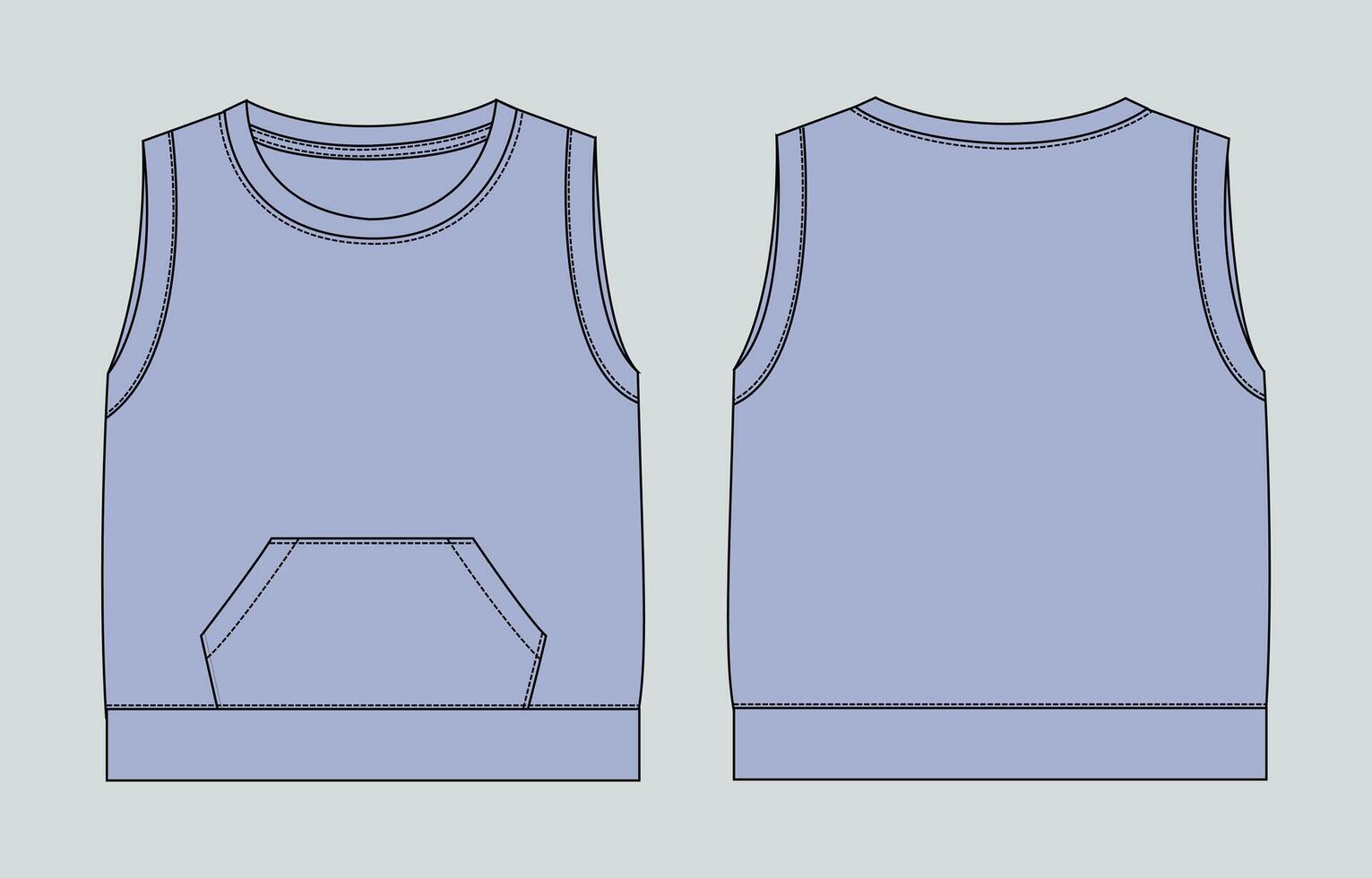 Blue Color tank top vest with pocket front and back views vector