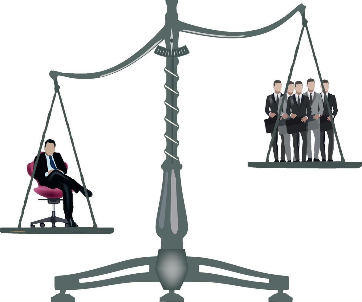 Businessman sitting on scales outweighing group of standing businessmen vector