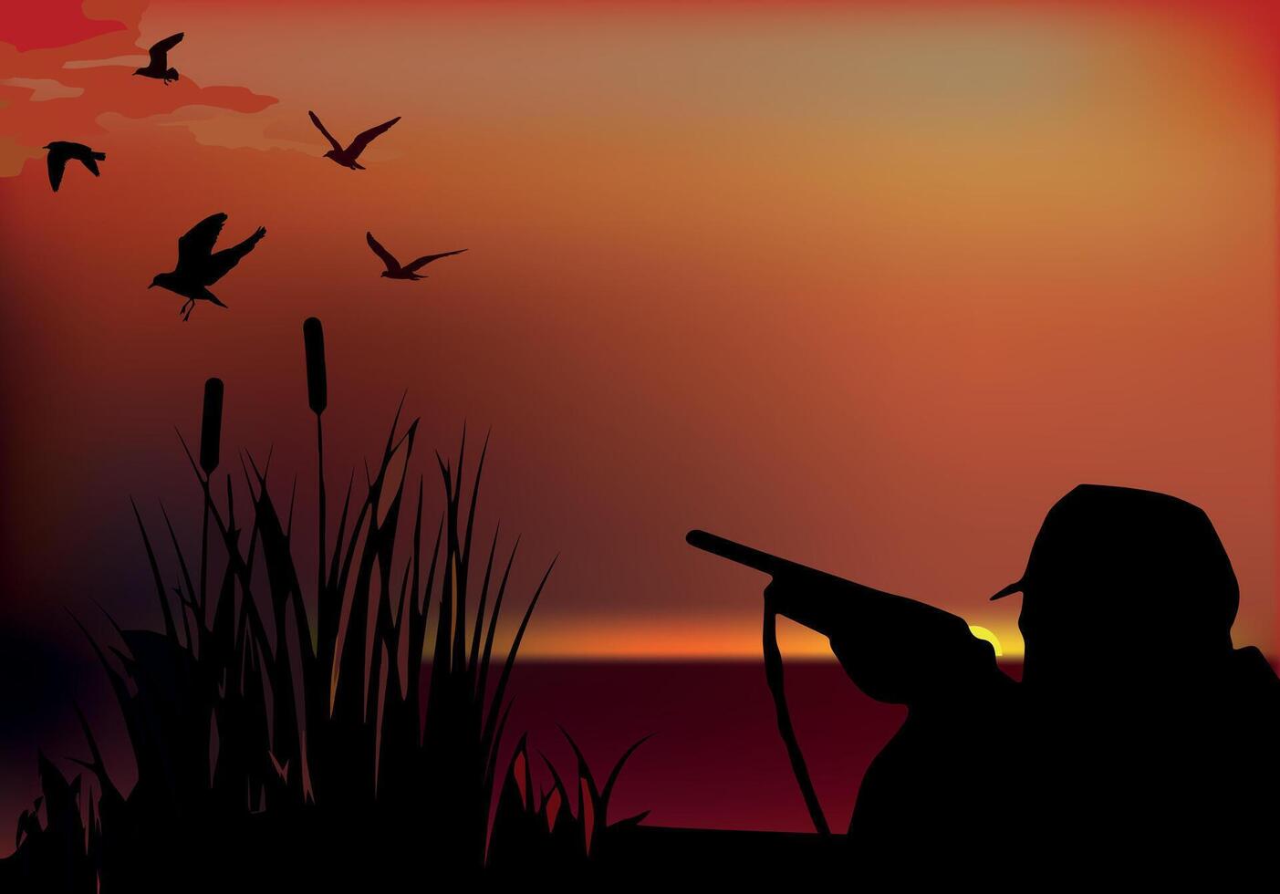 hunter aims game in swampy environment- vector