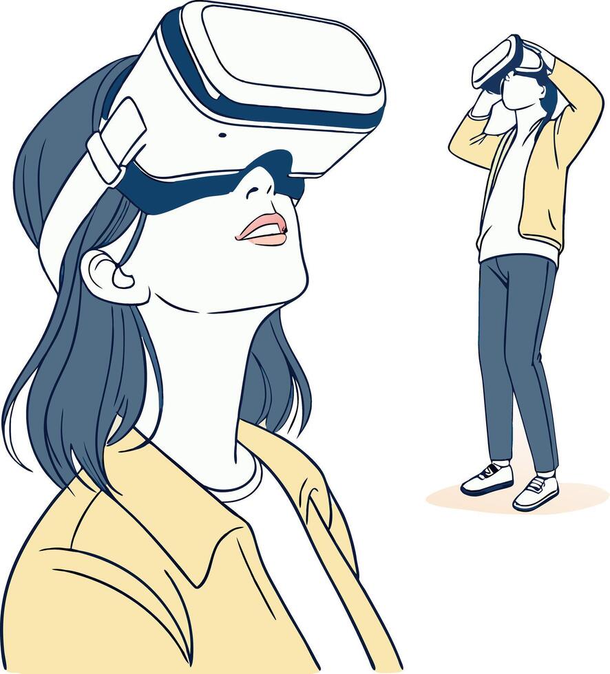 Woman wearing vr headset exploring virtual reality metaverse vector