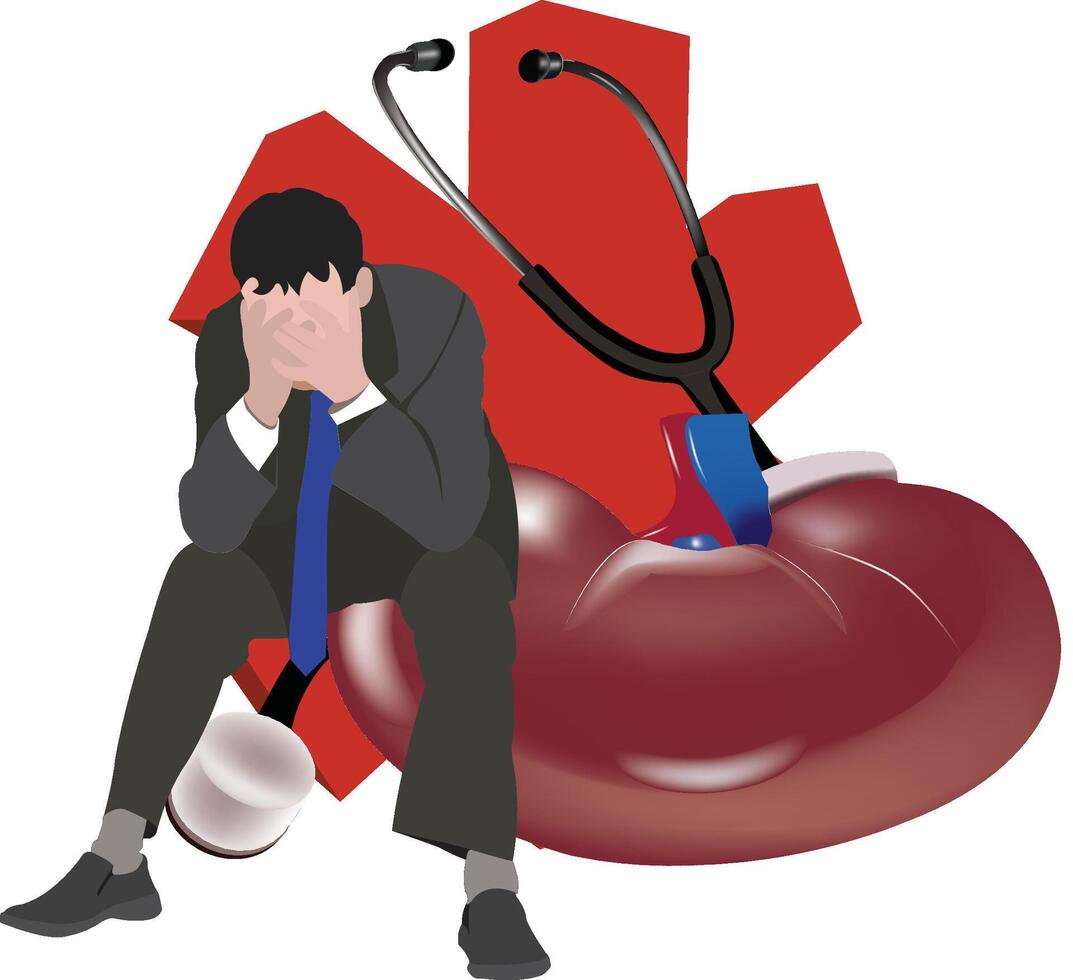 Businessman sitting down covering his face with a kidney and stethoscope vector