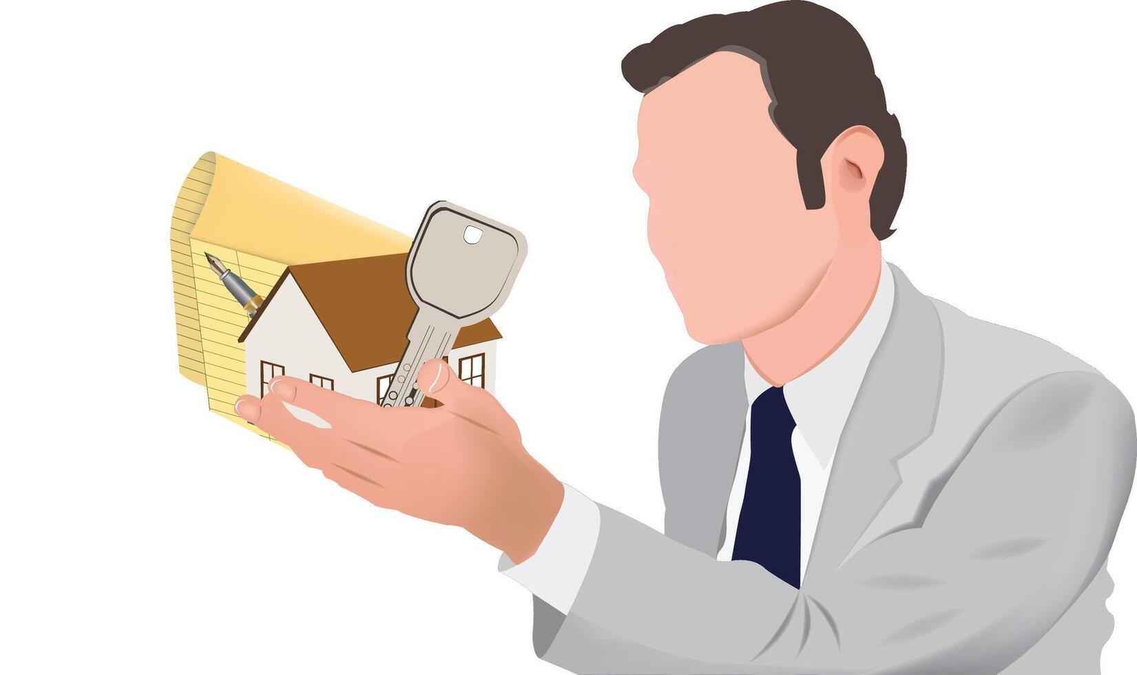 Real estate agent holding keys and blueprint of a house vector