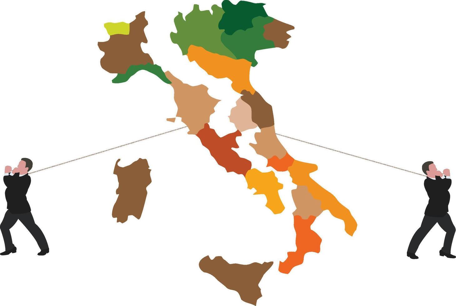 Two businessmen pulling a rope attached to italy map vector
