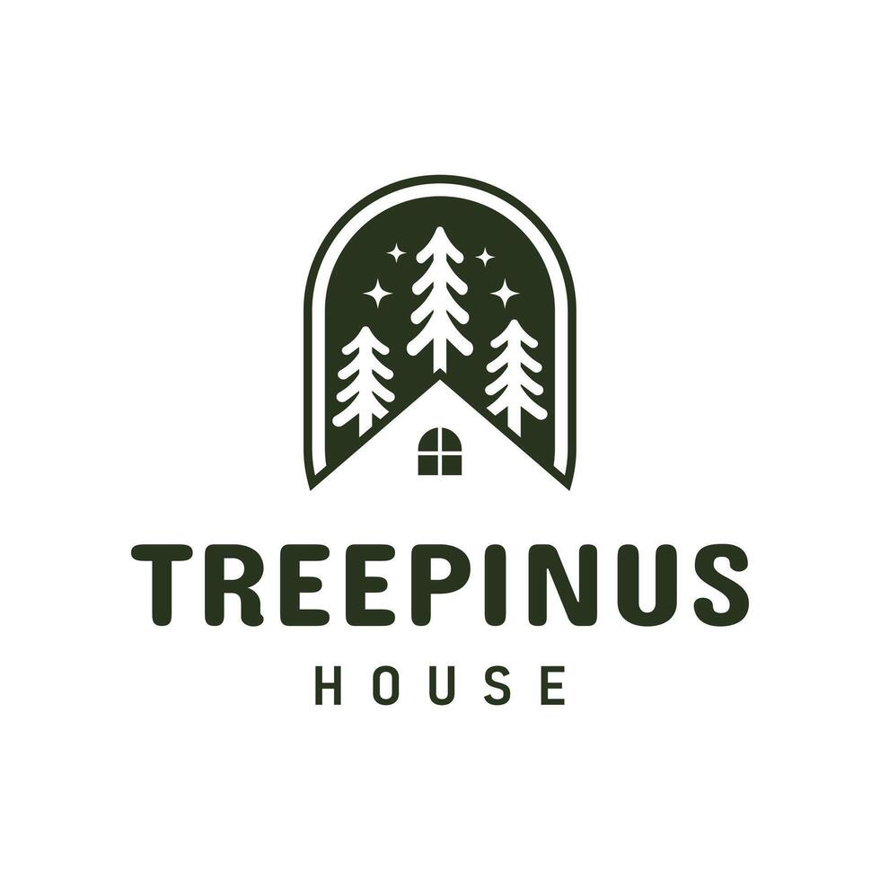 This Logo Design Template Features Pine Trees and a Simple House, a Minimalist and Elegant Forest Themed Logo Design. vector