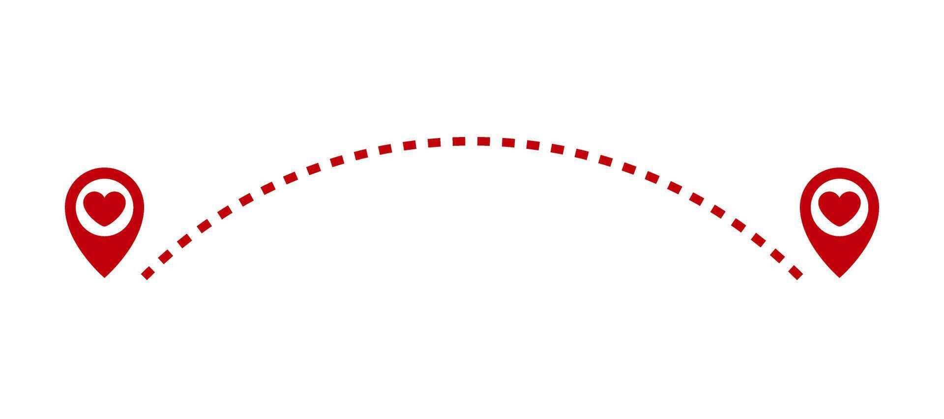 Two red markers with hearts inside, connected by a dashed line. The line curves, connecting the path between the two points. Design for Valentine's Day. 14 February. vector