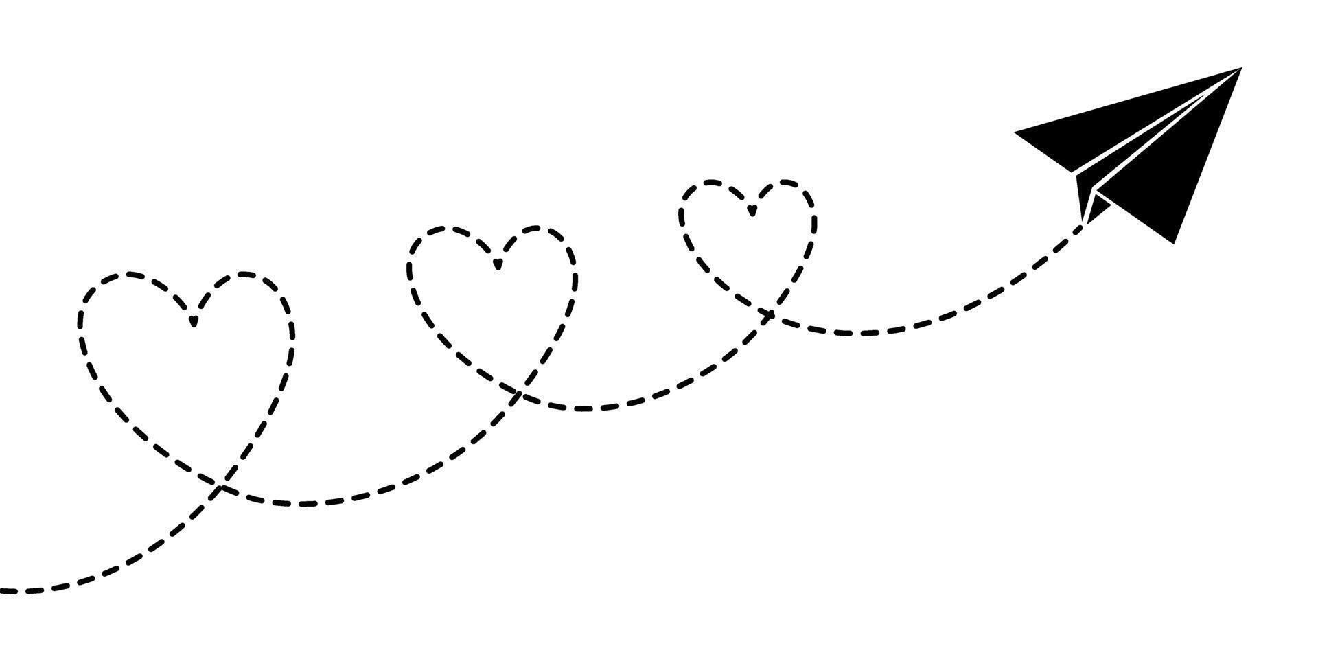 Paper aeroplane. Aeroplane route in the shape of three hearts dashed line. Concept of travelling. Elements for design for Valentine's Day, Women's Day. Symbol of love. vector
