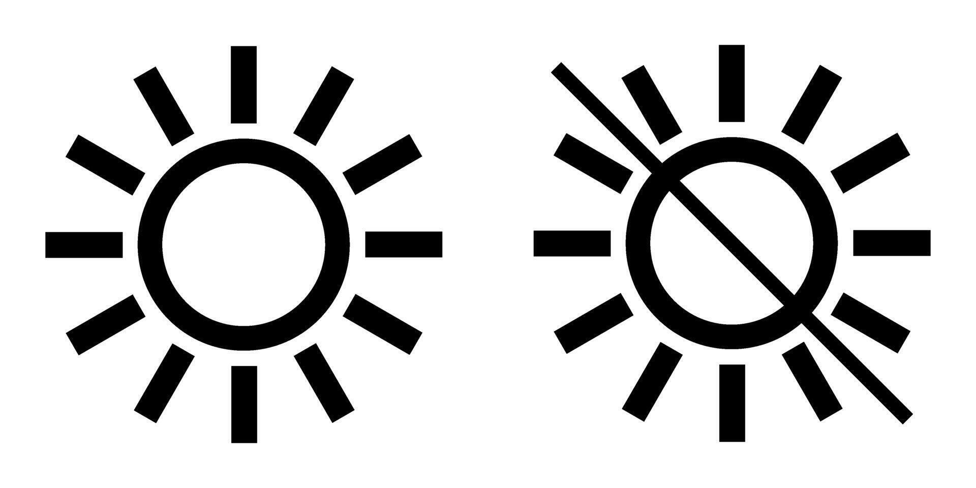 Sun and no sun icons. Sun icon and crossed out sun. Screen brightness. Brightness settings. Brightness control icons vector