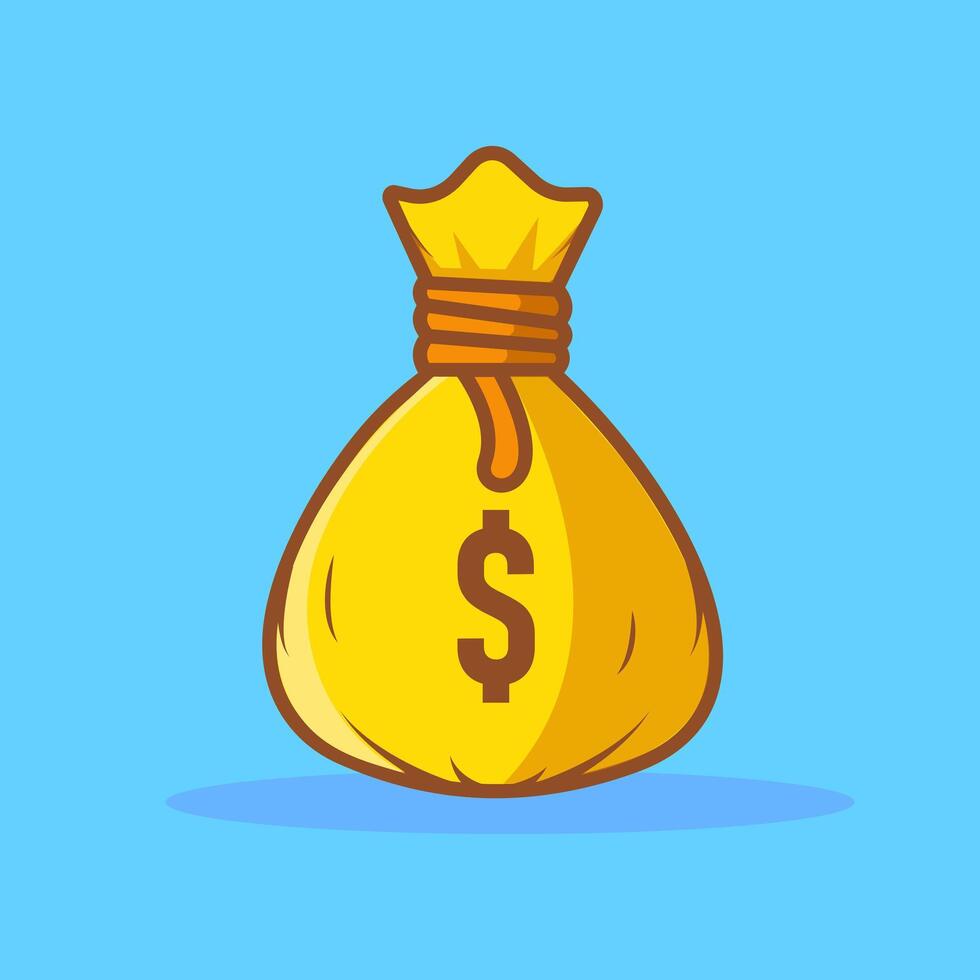 A vibrant and cartoon-style illustration of a yellow money bag tied with a brown string, featuring a dollar symbol on its surface. vector