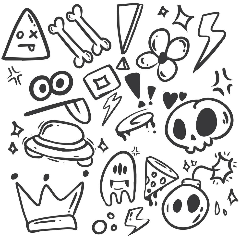 A collection of black-and-white hand-drawn doodles featuring various playful elements, such as skulls, bones, lightning bolts, pizza slices, a ghost, a bomb, a crown, stars, and geometric shapes. vector