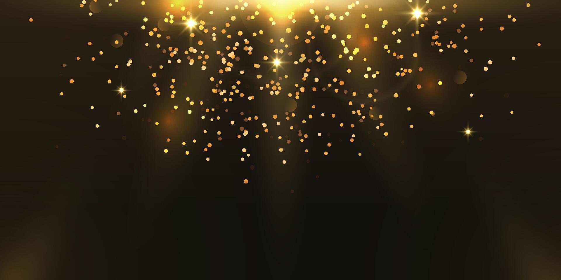 Abstract golden falling glitter confetti on black background. Greeting festive celebration card illustration vector