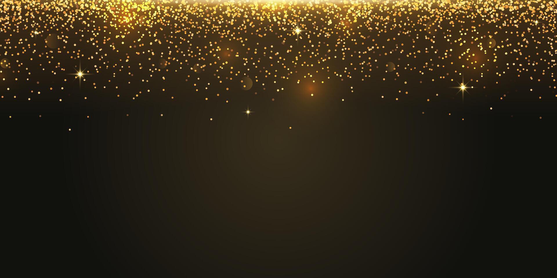 Abstract gold glitter shining in light with sparkles on black background. Greeting festive celebration card illustration vector