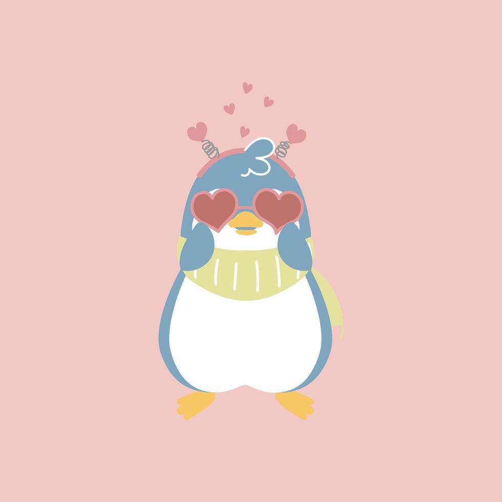 cute and lovely penguin wearing heart sunglasses, happy valentine's day, love concept vector