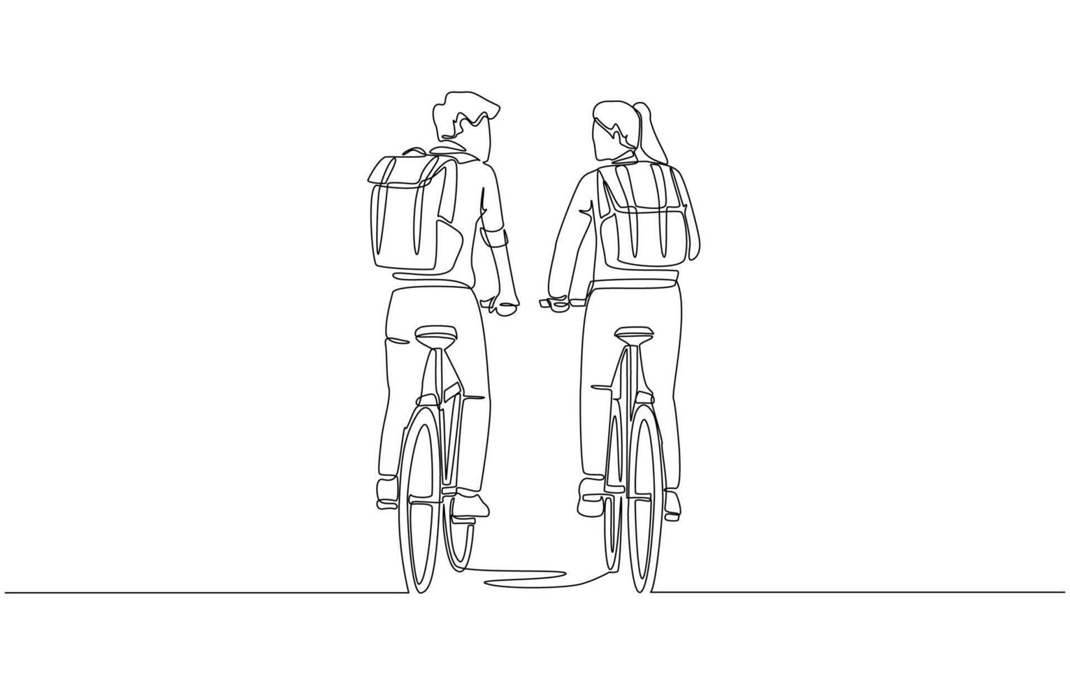 Continuous one line drawing of two female and male office colleagues riding bicycles to work, environmentally friendly commuting to work concept, single line art vector