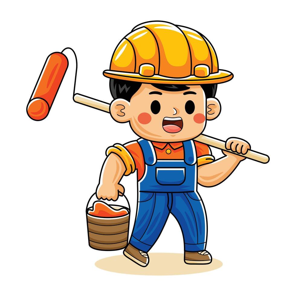 Cartoon Construction Worker with Paint Roller vector