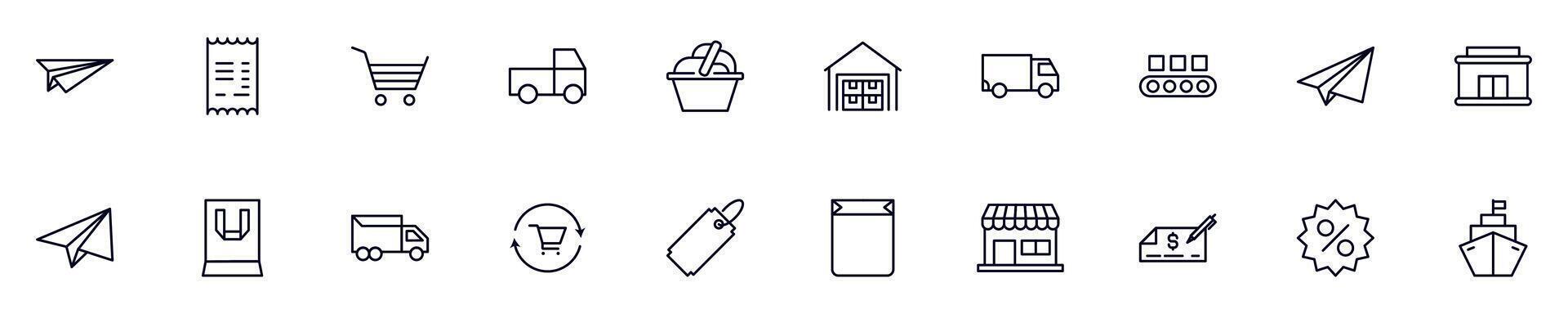 Commerce linear symbols pack. Outline symbol and editable stroke for apps, stores, shops, infographics vector