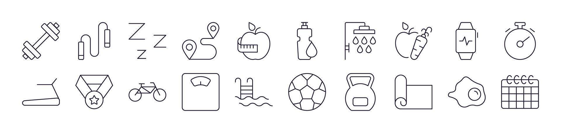 Collection of Icons of Healthy Lifestyle, Fitness, Wellness Drawn with Thin Line for apps, web sites, banners, infographics and other types of design vector