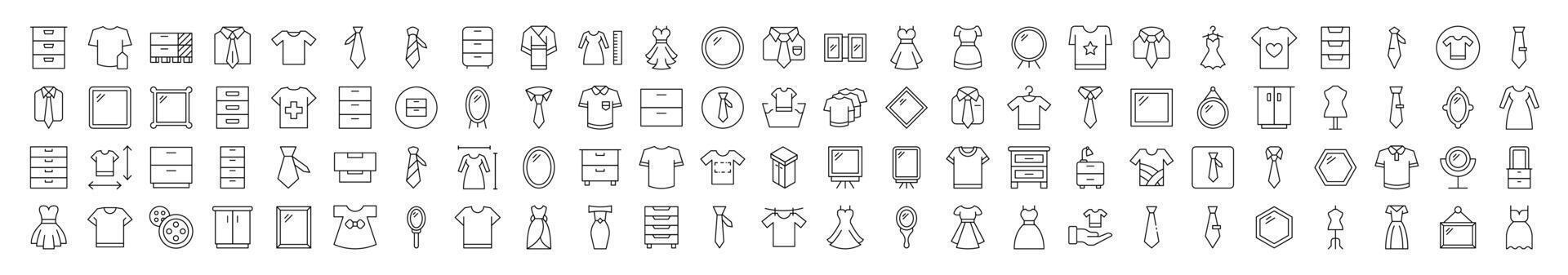 Collection of Line Icons of Closet, Wardrobe, Mirror, Dress, T Shirt. Editable Stroke. Minimalistic Linear Pictogram for Design of Cards, Apps, Banners, Posts vector