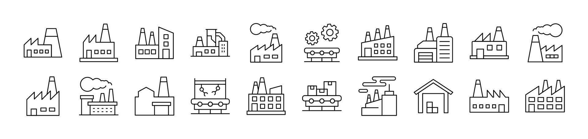 Collection of Outline Symbols of Factory and Manufacture Drawn with Thin Line for apps, web sites, banners, infographics and other types of design vector