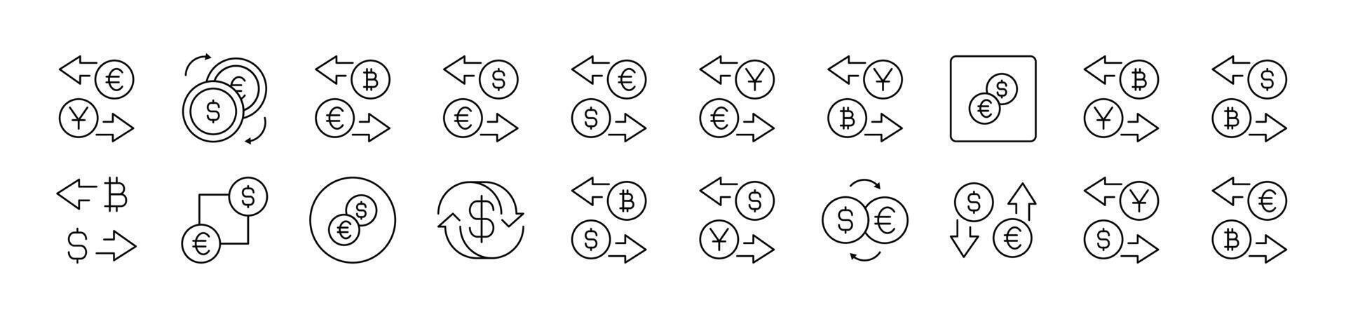 Currency Exchange Outline Sign Collection. Editable Stroke. Perfect for Infographics, Articles, Books, Flyers, Banners vector