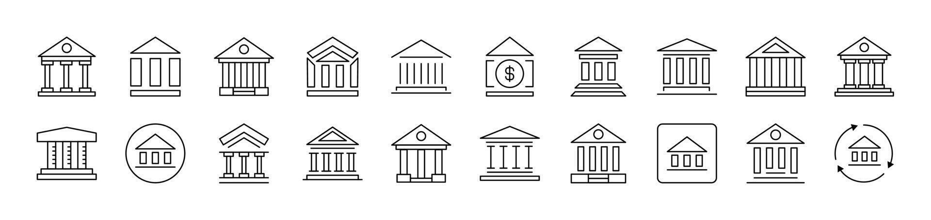 Bank Building Simple Icon Collection. Editable Stroke. Perfect for Infographics, Articles, Books, Flyers, Banners vector