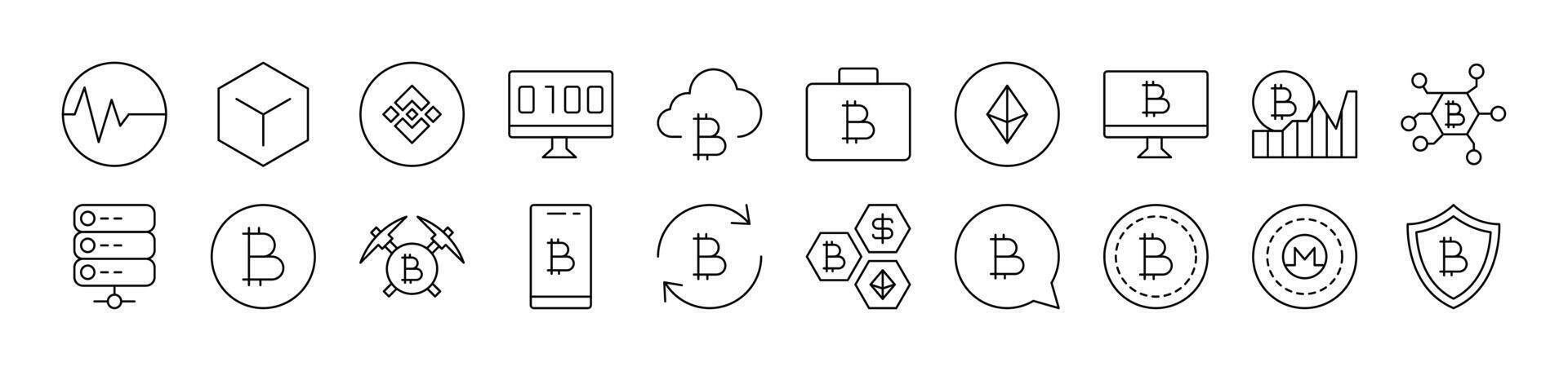 Cryptocurrency and Bitcoin Line Icon Collection. Editable Stroke. Perfect for Infographics, Articles, Books, Flyers, Banners vector
