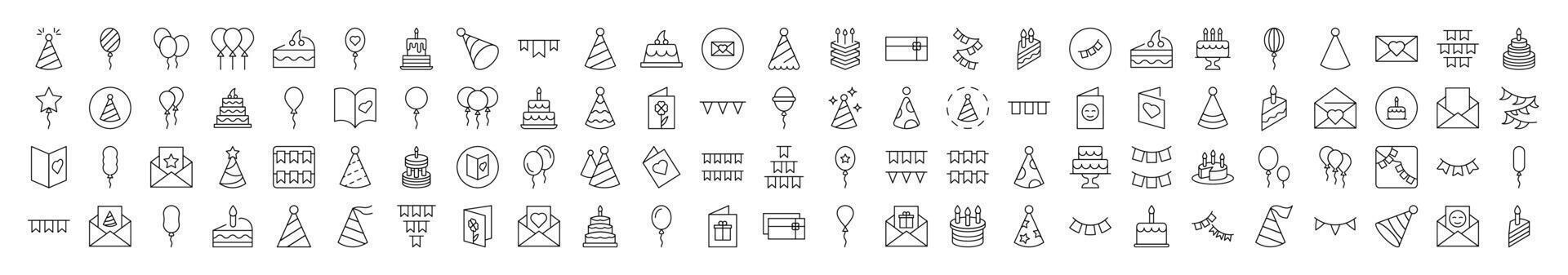 Cake, Holiday Hat, Postcard, Garland, Balloon Related Icon Set. Editable Stroke. Suitable for Web Sites, Books, Cards, Apps vector