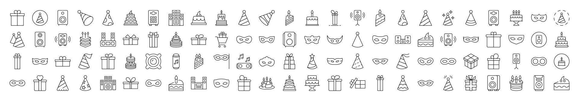 Party Line Icon Set. Modern Collection for Design, Web Sites, Apps, Cards. Contains Linear Images of Musical Center, Cake, Masquerade Mask, Gift, Present vector