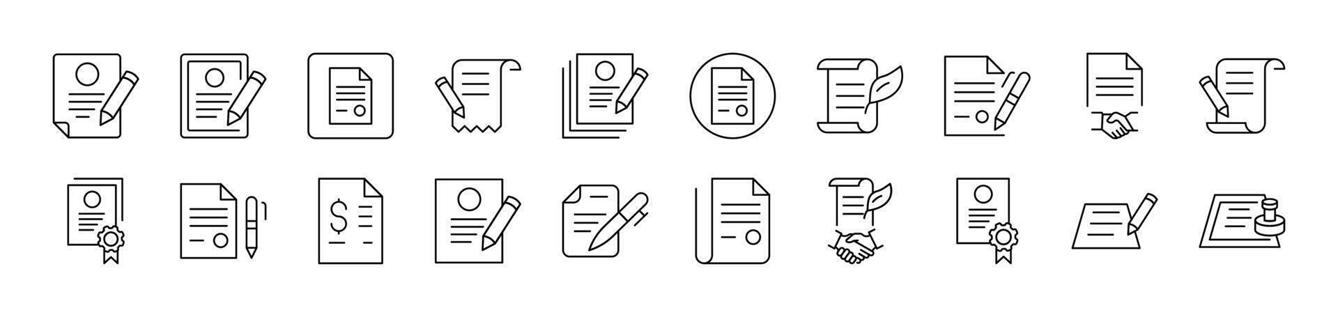 Documents with Quill, Pen, Stamp Outline Icon Collection. Editable Stroke. Perfect for Infographics, Articles, Books, Flyers, Banners vector