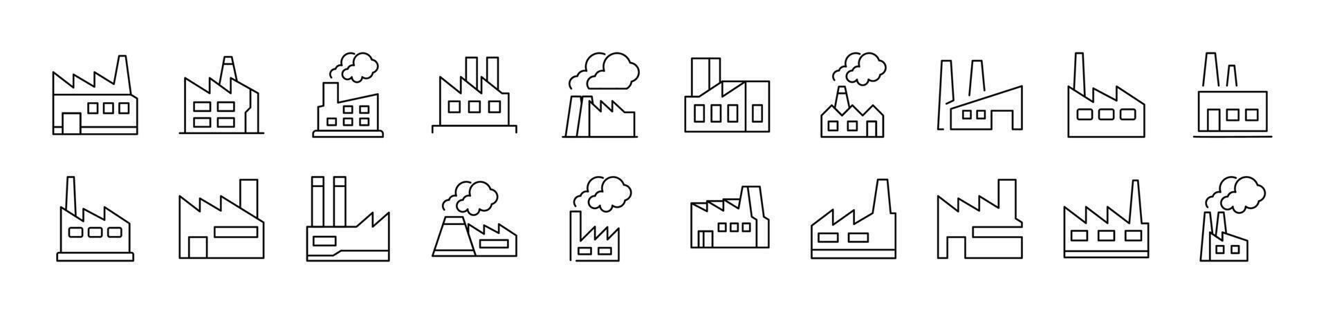 Factorys and Manufactures Outline Icon Collection. Editable Stroke. Perfect for Infographics, Articles, Books, Flyers, Banners vector