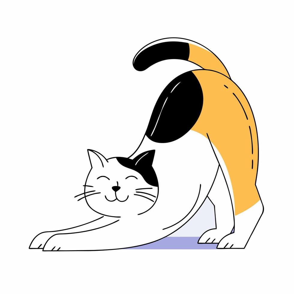 A fat cat stretching with a happy face. Flat style vector