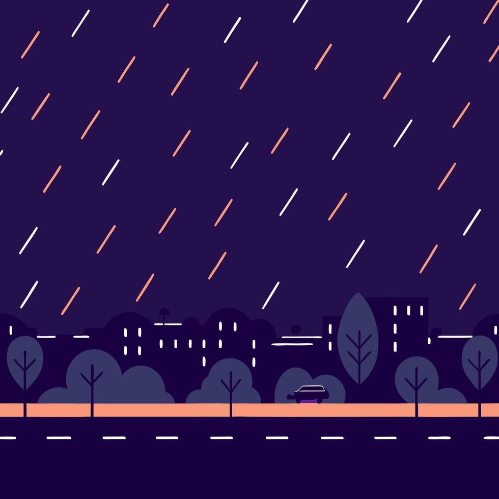 It is raining heavily in the city image. Flat style vector