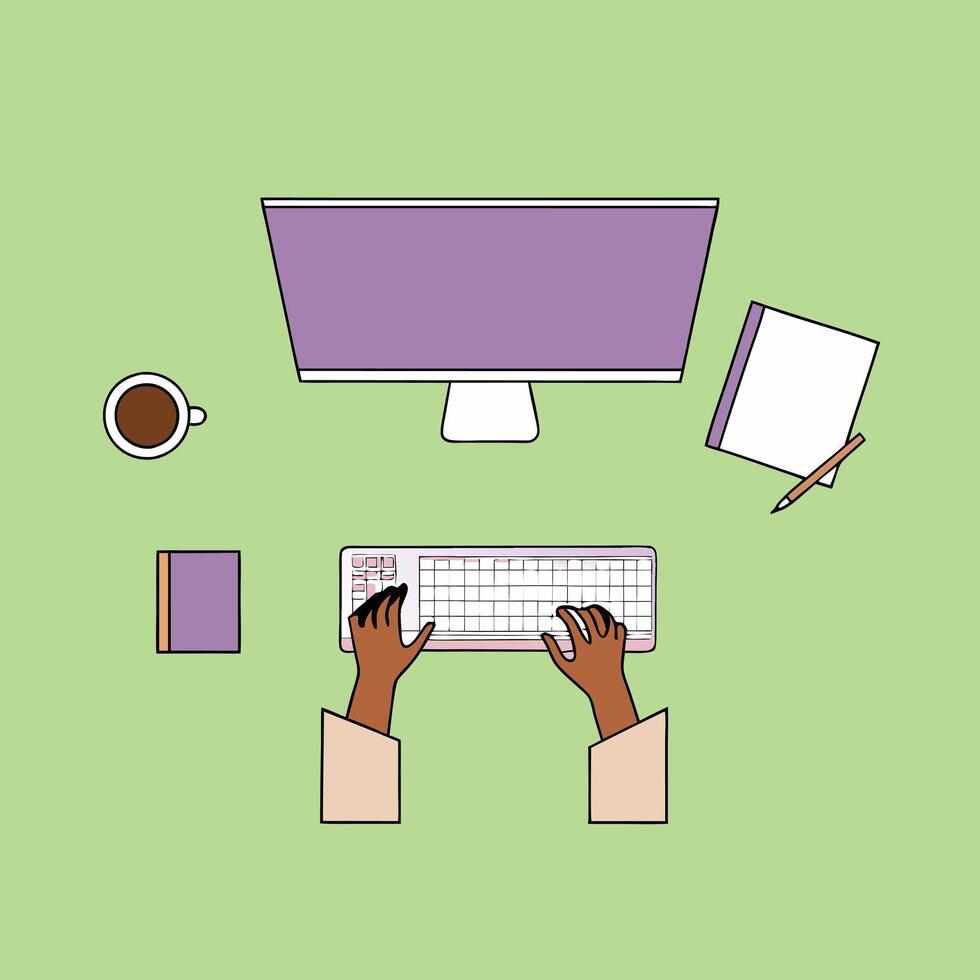 A laptop on working table. Workplace top view minimalistic image. Flat style. vector