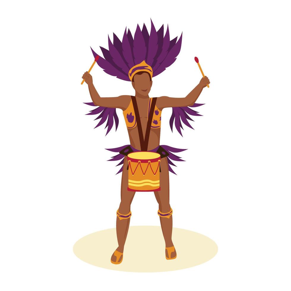 Drummer at a Brazilian carnival. Samba dancer. Mardi Gras street parade. Stage costume with violet feathers. vector
