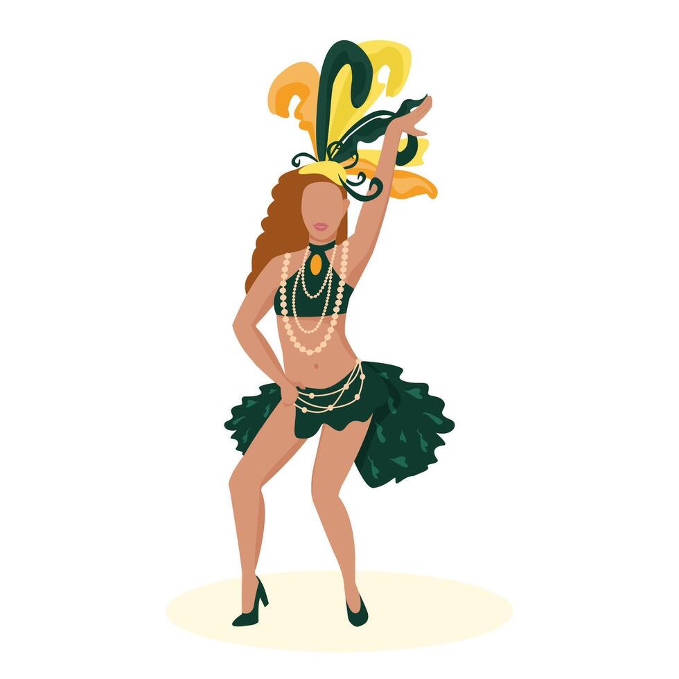 Exotic samba dancer at the Brazilian carnival. Mardi Gras street parade. Stage costume with green and yellow feathers and necklace. vector