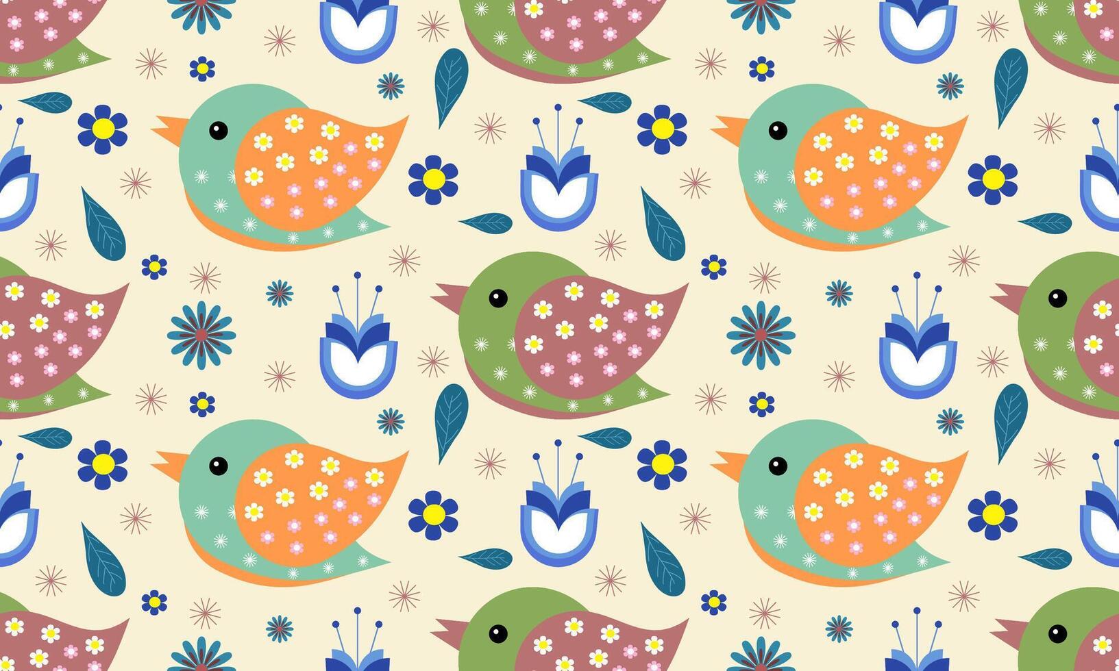 a fabric pattern composed of green and light blue birds , blue flower with cream color background designs, folk arts style. vector