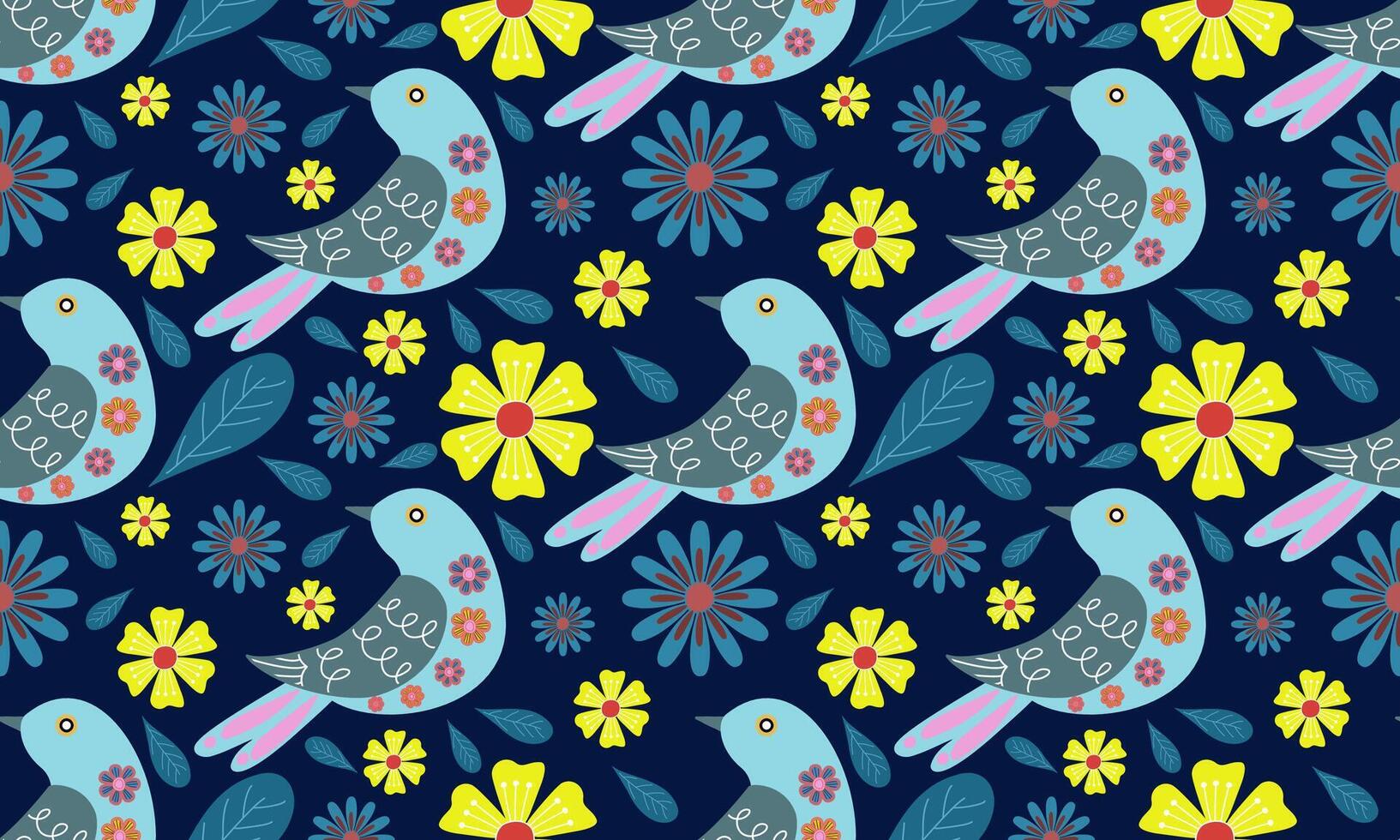 a fabric pattern composed of birds ,yellow and blue flower with dark blue background designs, folk arts style. vector