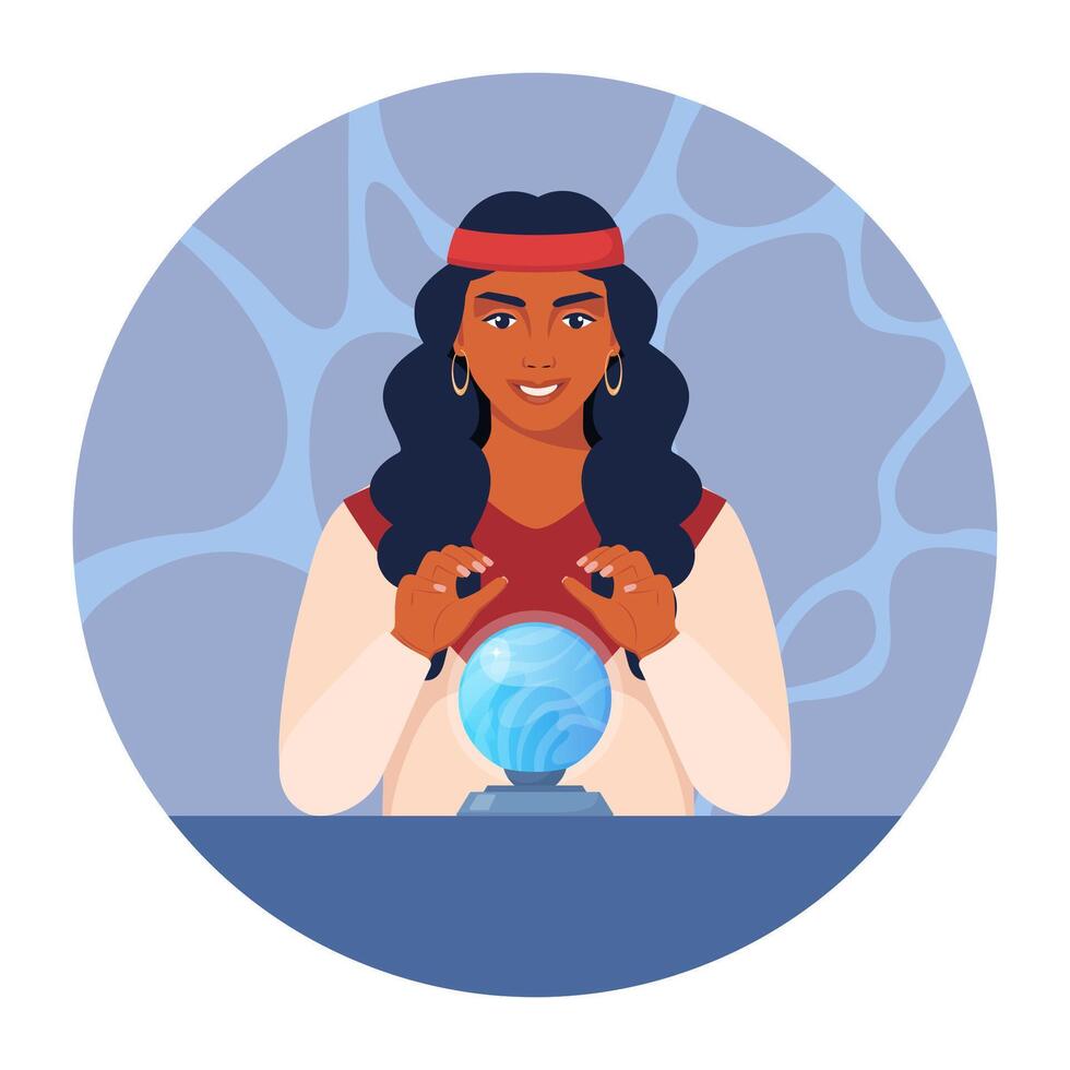 Gypsy smiling woman fortune teller character predicts fate at table with magic sphere. Witchcraft of woman over crystal ball. illustration. vector