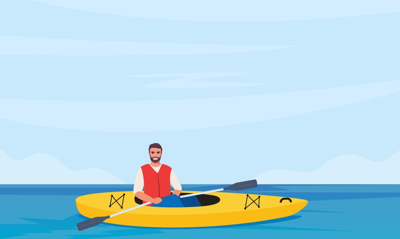 Man rowing with paddles in yellow kayak, side view. Guy in life jacket rafting in sport boat with oars. Extreme water activity. illustration. vector