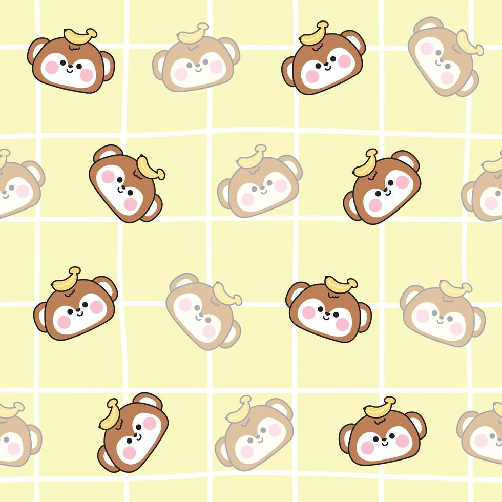 Seamless pattern of cute monkey face head with banana fruit background.Shadow.Wild animal character cartoon design.Kawaii.Illustration. vector