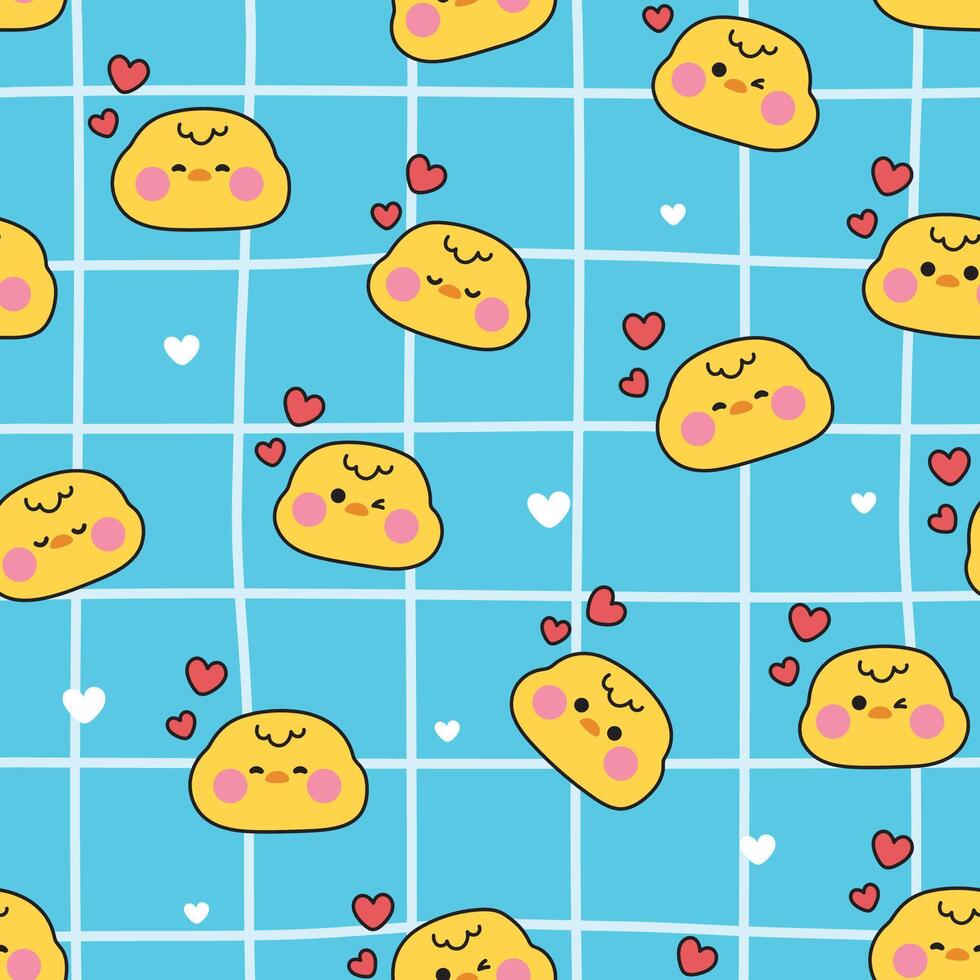 Seamless pattern of cute chicken face various feeling with heart background.Bird farm animal character cartoon design.Kawaii.Illustration. vector