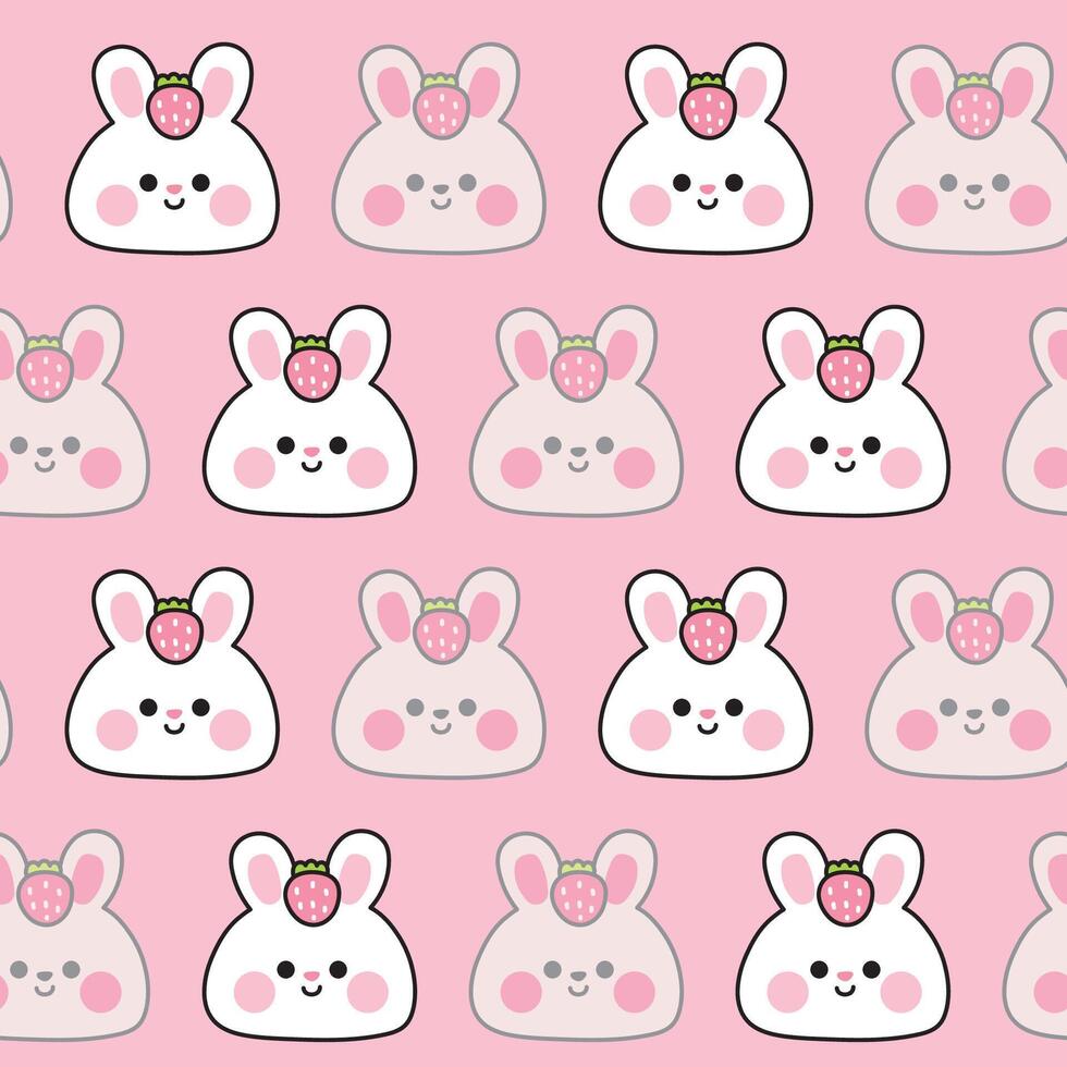 Seamless pattern of cute rabbit face with strawberry pink background.Shadow.Rodent animal character cartoon design.Kawaii.Illustration. vector