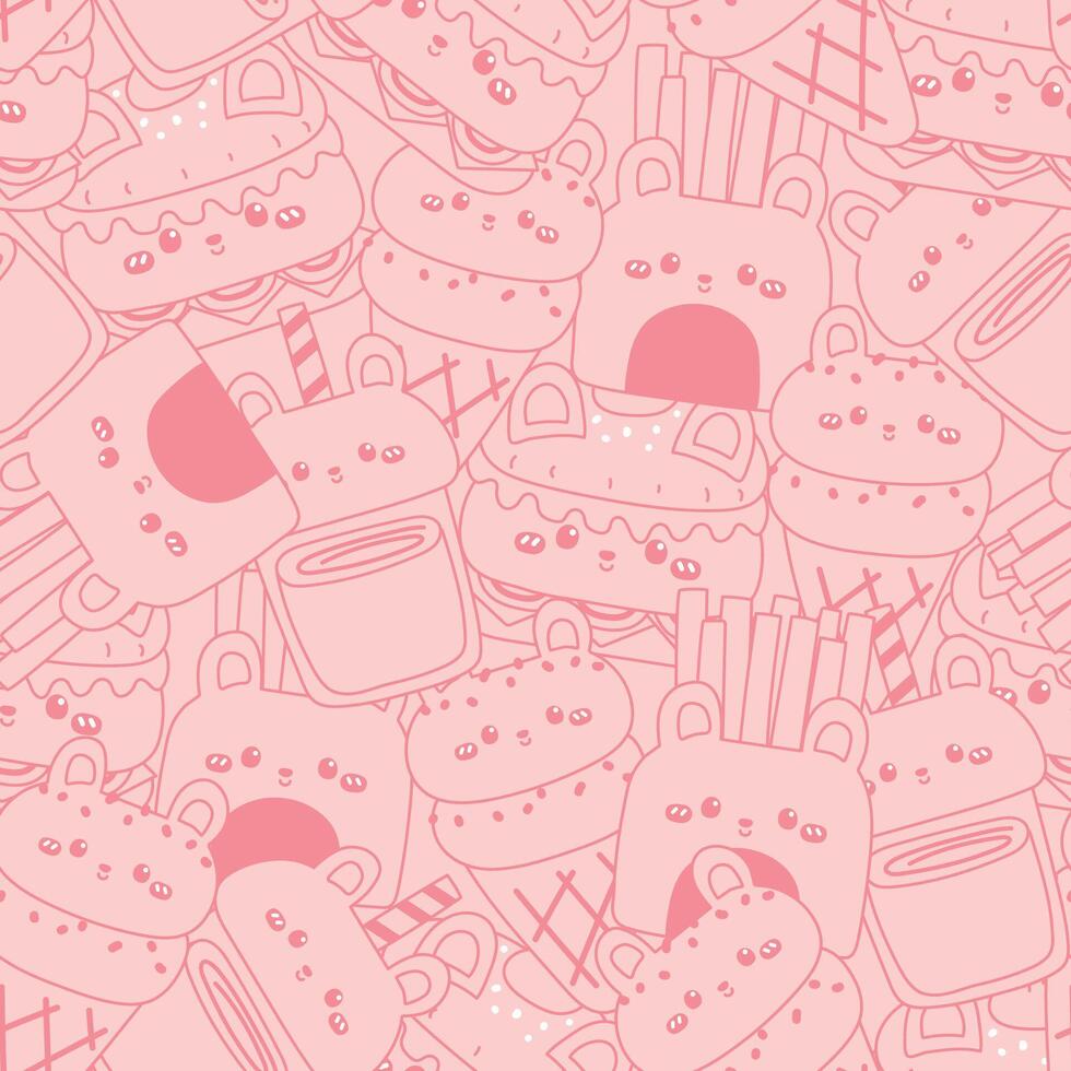 Seamless pattern of cute rabbit bunny line in food concept pink background.Fastfood.Hamburger,fresh fried,ice cream,drink.Rodent animal character cartoon.Kawaii.Illustration. vector