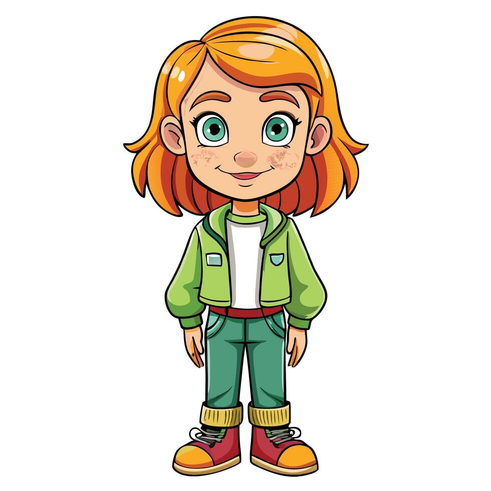 Beautiful little red-haired girl posing on colorful backdrop with romantic hearts. vector