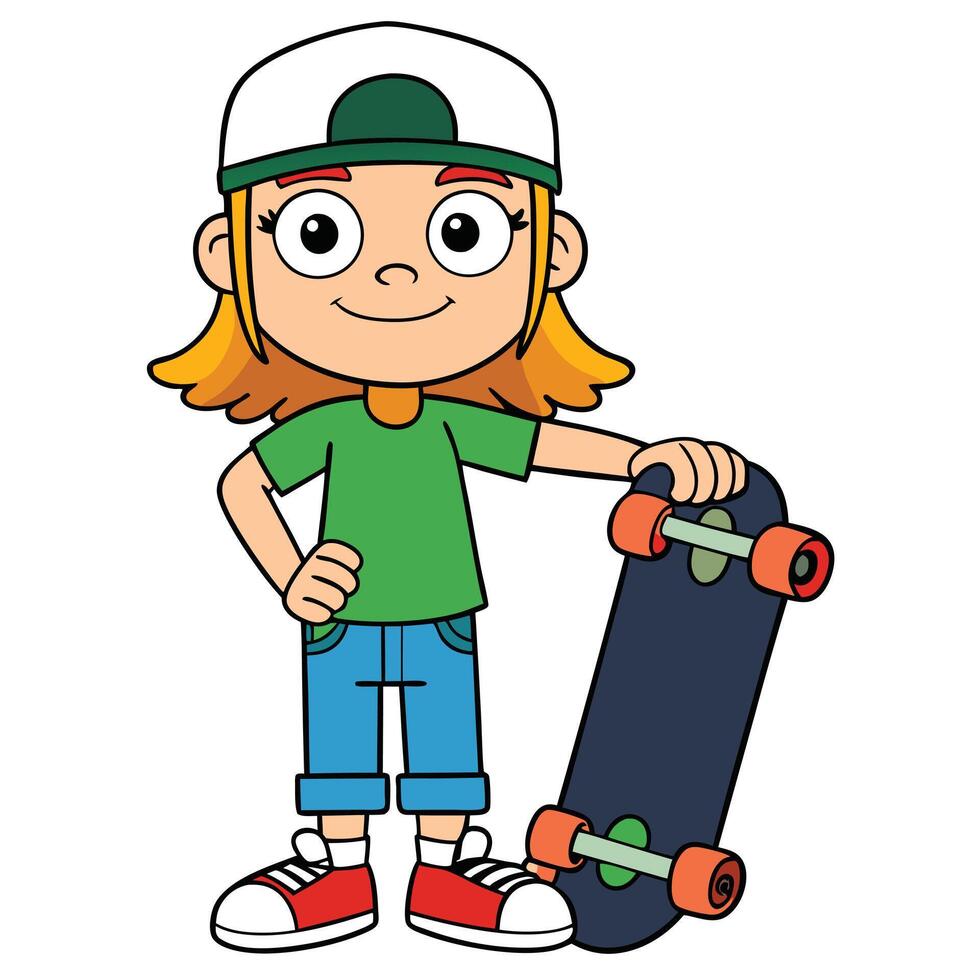 A girl posing with skateboard on white background vector