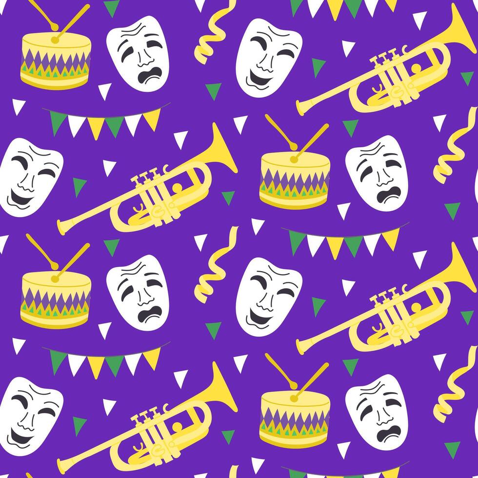 Seamless Mardi Gras pattern with comedy and tragedy masks, drums, trumpets, streamers, and colorful bunting on a vibrant purple background vector