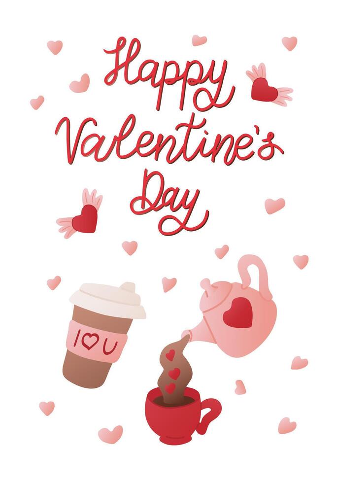 Valentine s Day banner with teapot, coffee cup with hearts, and text Happy Valentines Day in playful red font, surrounded by pink and red hearts on a white background. hand drawn greeting card vector