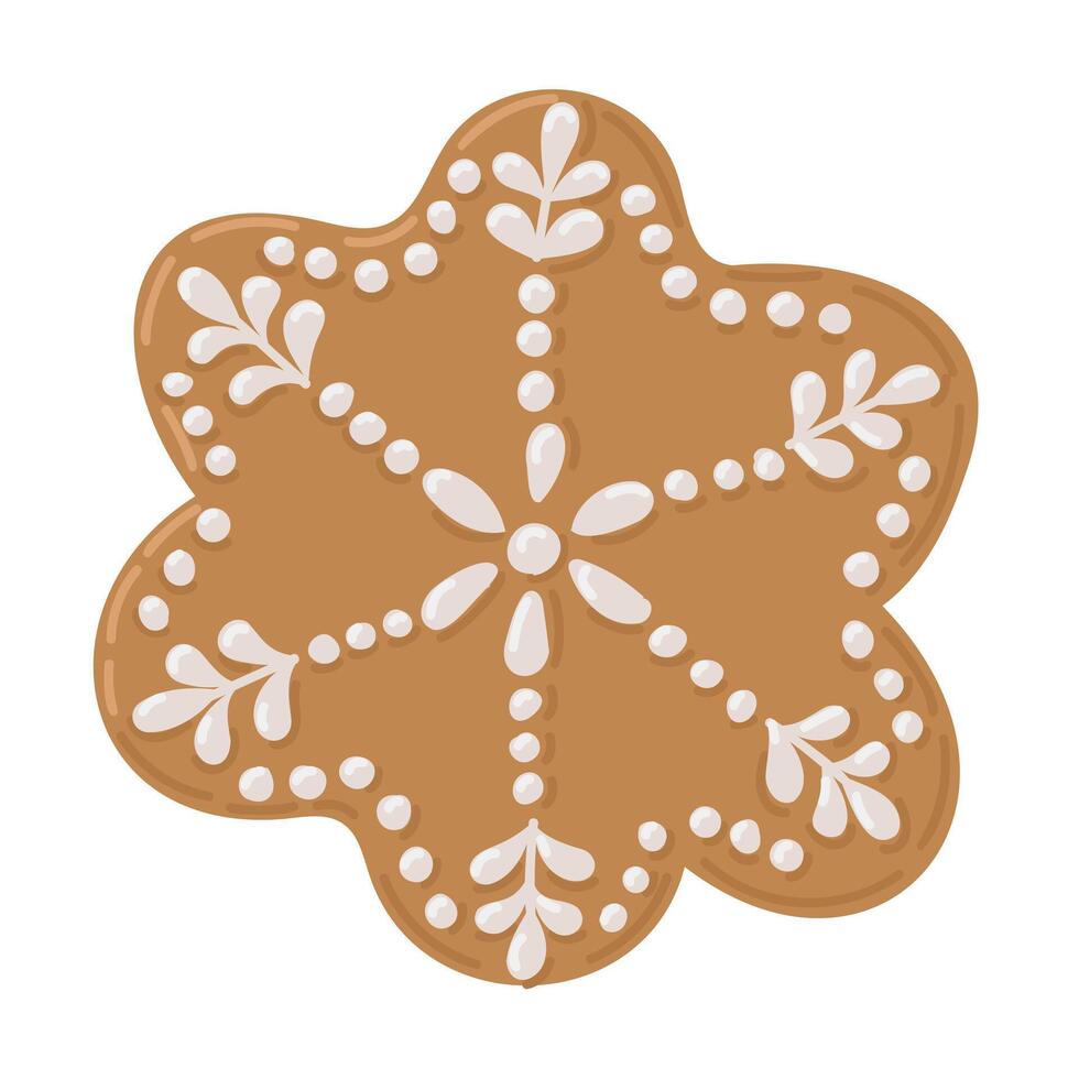 Snowflake shaped gingerbread cookie decorated with intricate white icing patterns, perfect for festive and holiday themes. hand drawn drawing isolated on white background vector